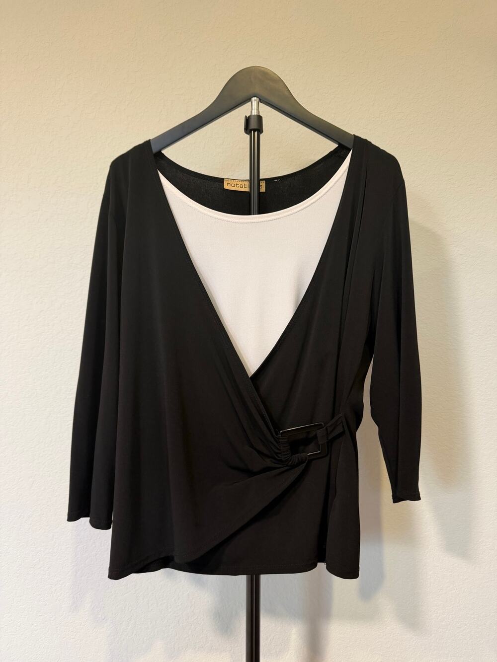 Notations Black White Faux Layered Wrap Buckle Top Y2K Going Out XL